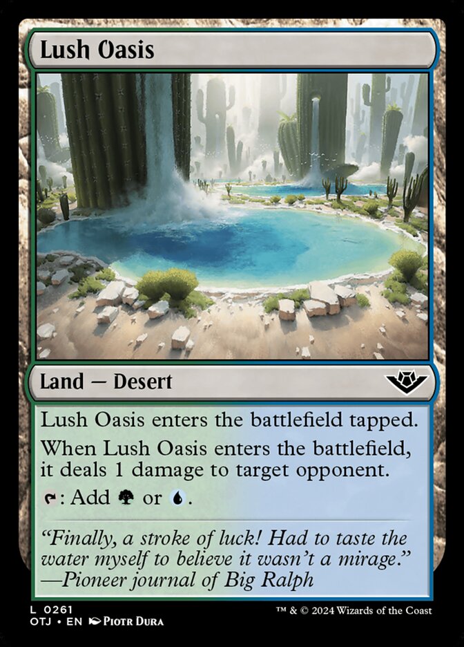 This Is An Image Of The Magic The Gathering Card Lush Oasis From The Set Outlaws of Thunder Junction - Designed By Artist Piotr Dura