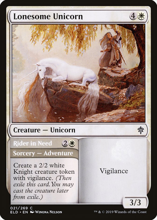 This Is An Image Of The Magic The Gathering Card Lonesome Unicorn // Rider in Need From The Set Throne of Eldraine - Designed By Artist Winona Nelson