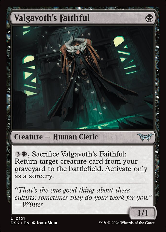 This Is An Image Of The Magic The Gathering Card Valgavoth's Faithful From The Set Duskmourn: House of Horror - Designed By Artist Jodie Muir