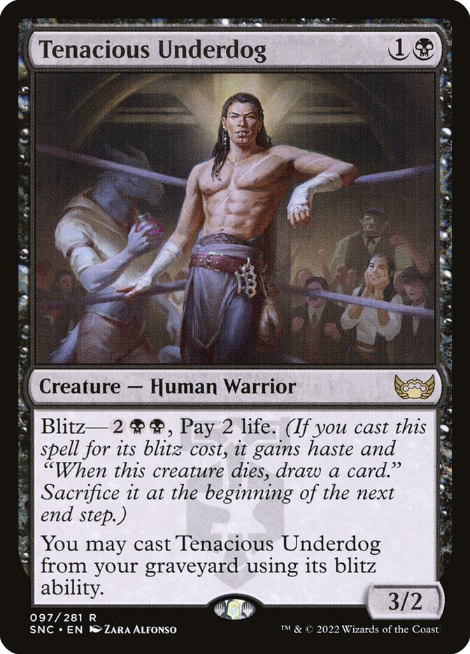 This Is An Image Of The Magic The Gathering Card Tenacious Underdog From The Set Streets of New Capenna - Designed By Artist Zara Alfonso
