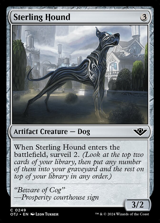 This Is An Image Of The Magic The Gathering Card Sterling Hound From The Set Outlaws of Thunder Junction - Designed By Artist Leon Tukker