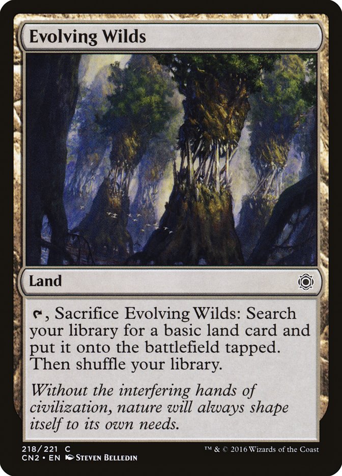 This Is An Image Of The Magic The Gathering Card Evolving Wilds From The Set Tarkir: Dragonstorm - Designed By Artist Leon Tukker