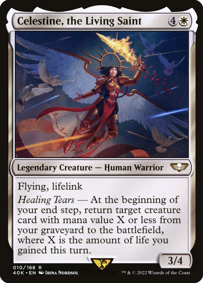 This Is An Image Of The Magic The Gathering Card Celestine, the Living Saint From The Set Warhammer 40,000 Commander - Designed By Artist Irina Nordsol