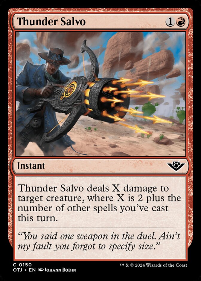 This Is An Image Of The Magic The Gathering Card Thunder Salvo From The Set Outlaws of Thunder Junction - Designed By Artist Johann Bodin