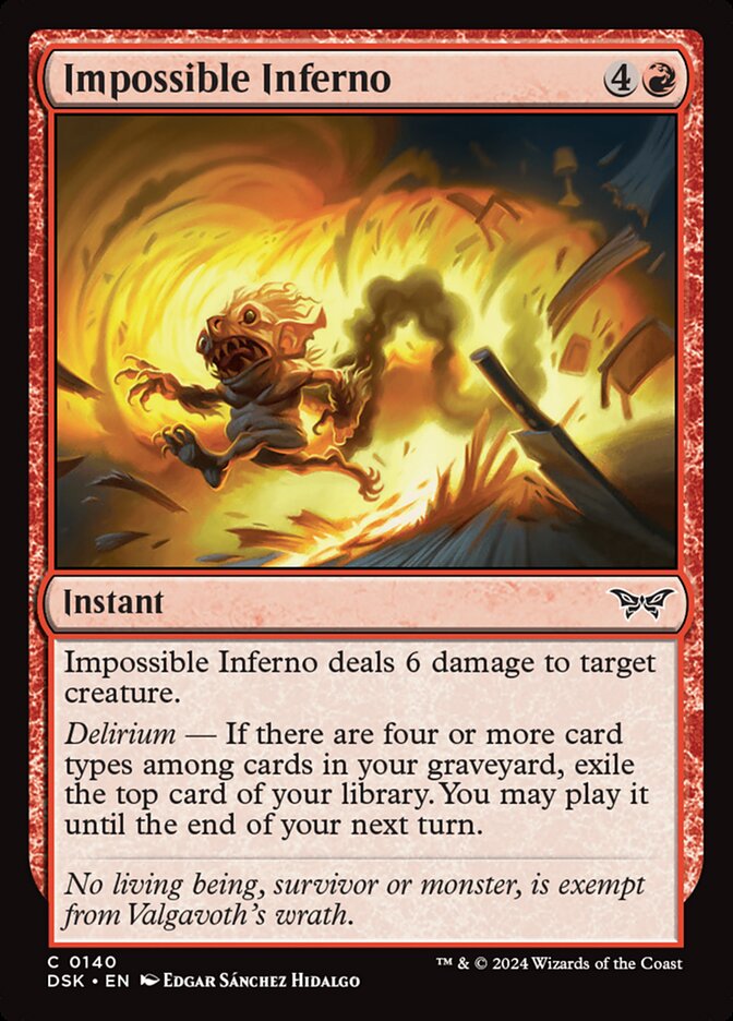This Is An Image Of The Magic The Gathering Card Impossible Inferno From The Set Duskmourn: House of Horror - Designed By Artist Edgar Sánchez Hidalgo