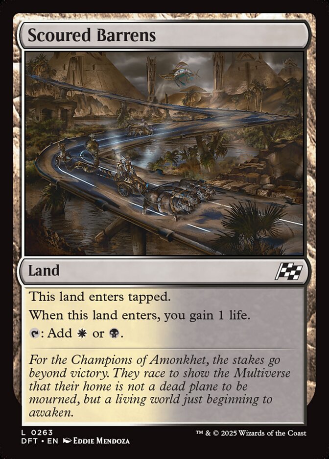 This Is An Image Of The Magic The Gathering Card Scoured Barrens From The Set Tarkir: Dragonstorm - Designed By Artist Brent Hollowell