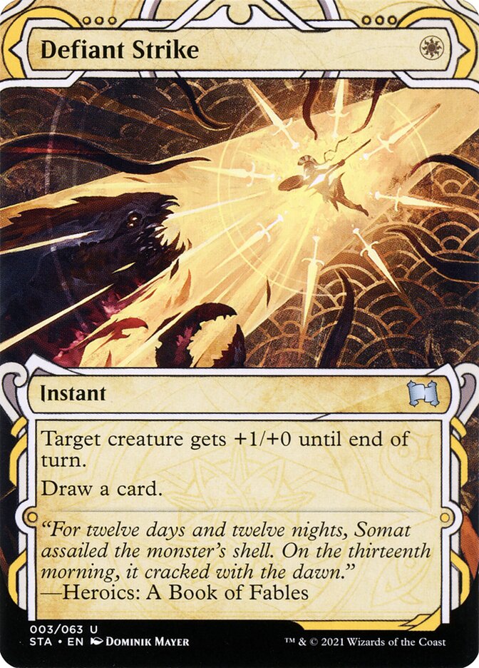 This Is An Image Of The Magic The Gathering Card Defiant Strike From The Set Core Set 2021 - Designed By Artist Gabor Szikszai