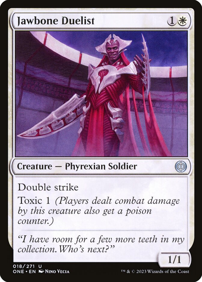 This Is An Image Of The Magic The Gathering Card Jawbone Duelist From The Set Phyrexia: All Will Be One - Designed By Artist Nino Vecia