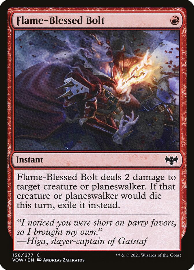 This Is An Image Of The Magic The Gathering Card Flame-Blessed Bolt From The Set Innistrad: Crimson Vow - Designed By Artist Andreas Zafiratos