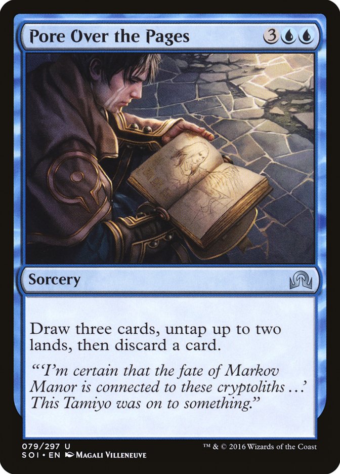This Is An Image Of The Magic The Gathering Card Pore Over the Pages From The Set Shadows over Innistrad - Designed By Artist Magali Villeneuve