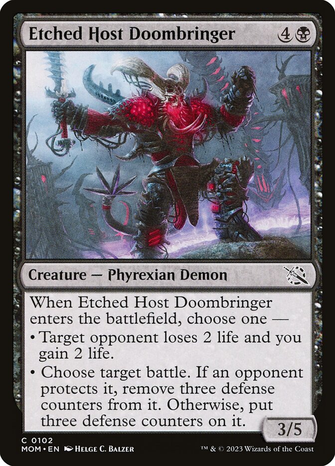 This Is An Image Of The Magic The Gathering Card Etched Host Doombringer From The Set March of the Machine - Designed By Artist Helge C. Balzer