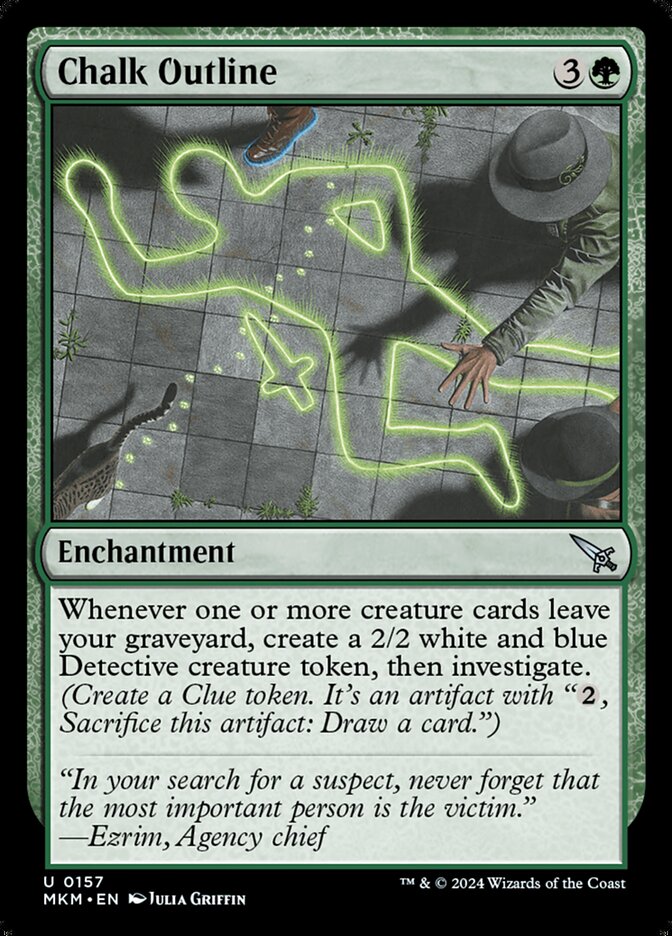 This Is An Image Of The Magic The Gathering Card Chalk Outline From The Set Murders at Karlov Manor - Designed By Artist Julia Griffin