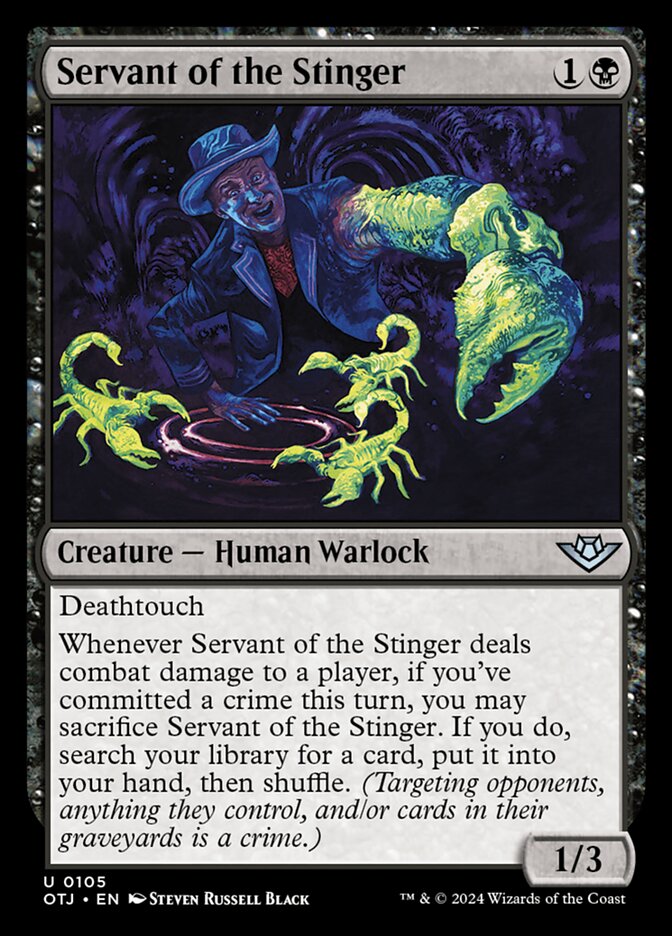 This Is An Image Of The Magic The Gathering Card Servant of the Stinger From The Set Outlaws of Thunder Junction - Designed By Artist Steven Russell Black