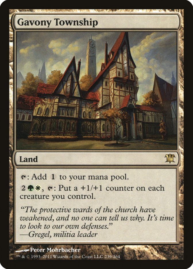 This Is An Image Of The Magic The Gathering Card Gavony Township From The Set March of the Machine Commander - Designed By Artist Julian Kok Joon Wen