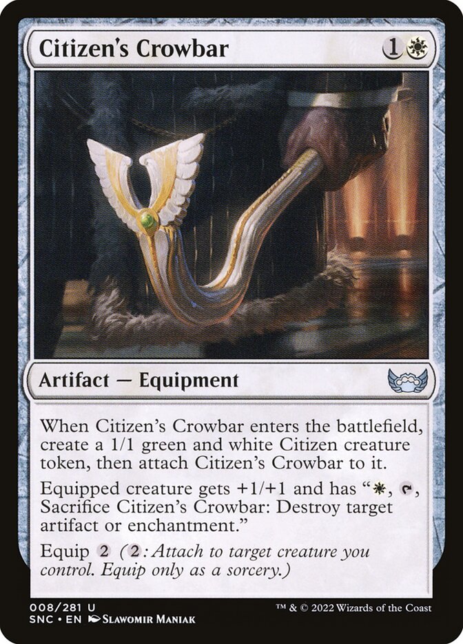 This Is An Image Of The Magic The Gathering Card Citizen's Crowbar From The Set Streets of New Capenna - Designed By Artist Slawomir Maniak