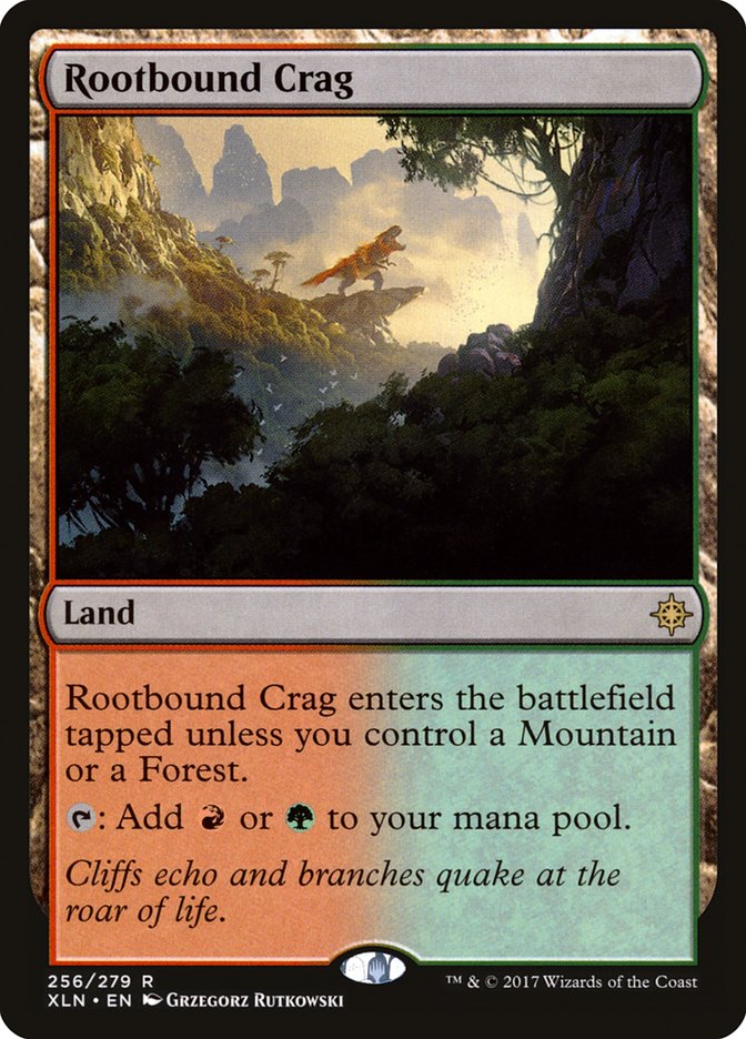 This Is An Image Of The Magic The Gathering Card Rootbound Crag From The Set Tarkir: Dragonstorm Commander - Designed By Artist Grzegorz Rutkowski
