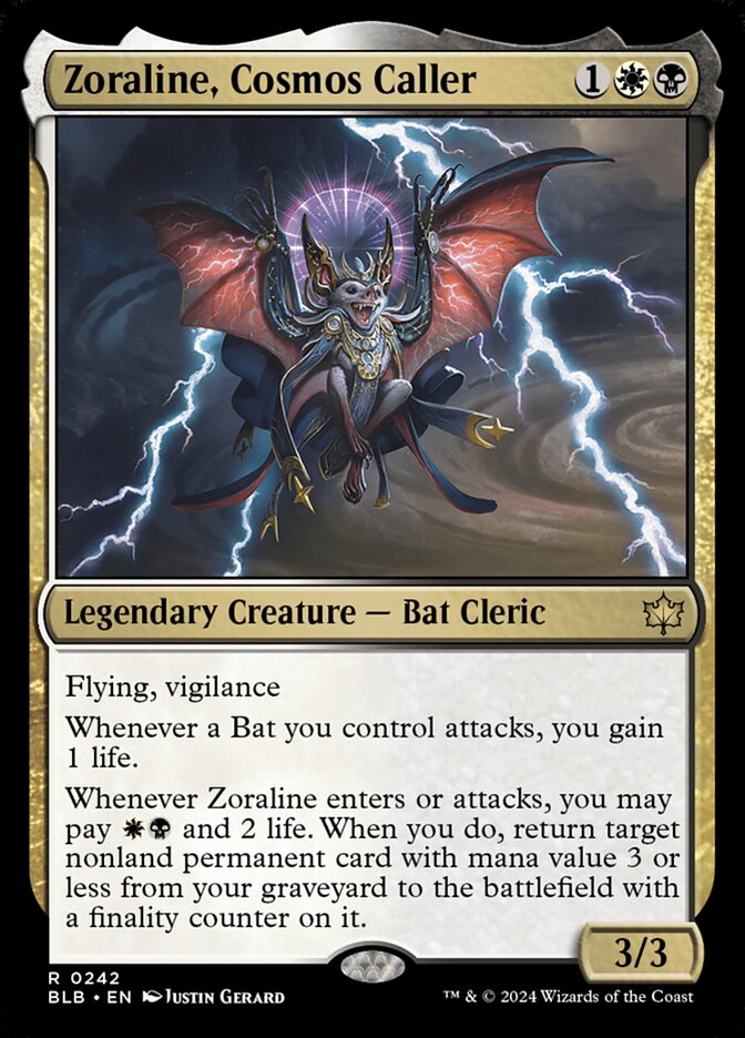 This Is An Image Of The Magic The Gathering Card Zoraline, Cosmos Caller From The Set Bloomburrow - Designed By Artist Justin Gerard