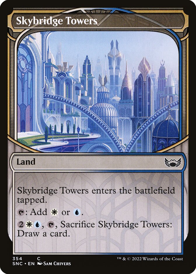 This Is An Image Of The Magic The Gathering Card Skybridge Towers From The Set Streets of New Capenna - Designed By Artist Muhammad Firdaus