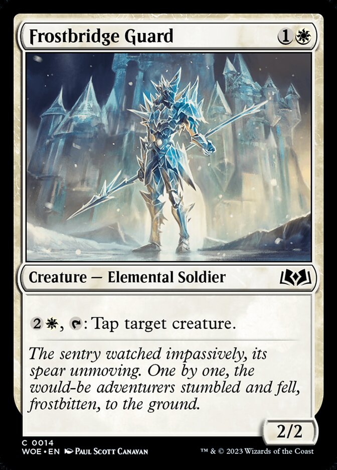 This Is An Image Of The Magic The Gathering Card Frostbridge Guard From The Set Wilds of Eldraine - Designed By Artist Paul Scott Canavan