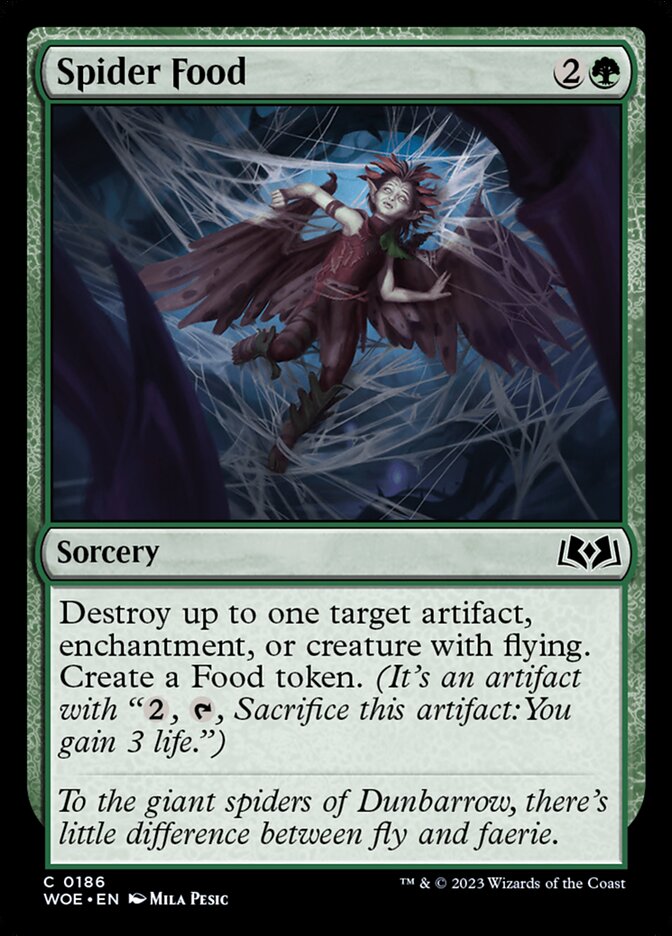 This Is An Image Of The Magic The Gathering Card Spider Food From The Set Wilds of Eldraine - Designed By Artist Mila Pesic