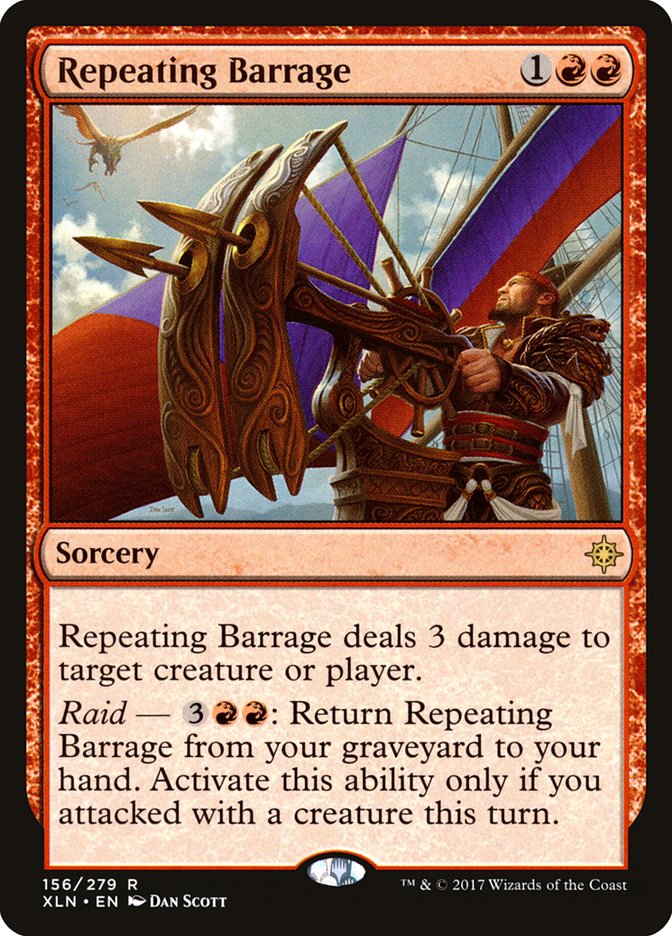 This Is An Image Of The Magic The Gathering Card Repeating Barrage From The Set Ixalan - Designed By Artist Dan Murayama Scott