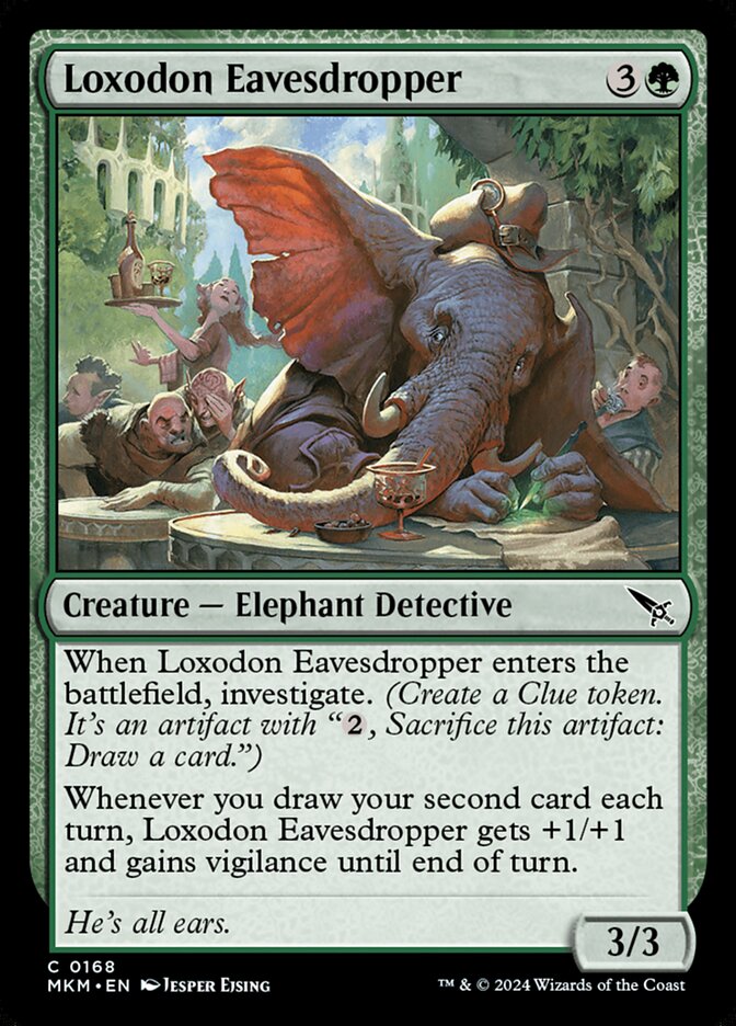 This Is An Image Of The Magic The Gathering Card Loxodon Eavesdropper From The Set Murders at Karlov Manor - Designed By Artist Jesper Ejsing
