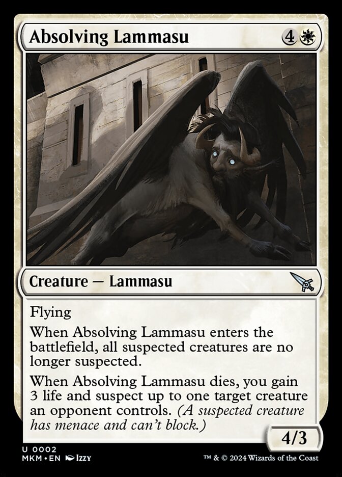 This Is An Image Of The Magic The Gathering Card Absolving Lammasu From The Set Murders at Karlov Manor - Designed By Artist Izzy