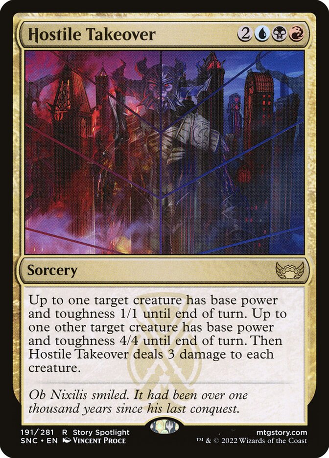 This Is An Image Of The Magic The Gathering Card Hostile Takeover From The Set Streets of New Capenna - Designed By Artist Vincent Proce