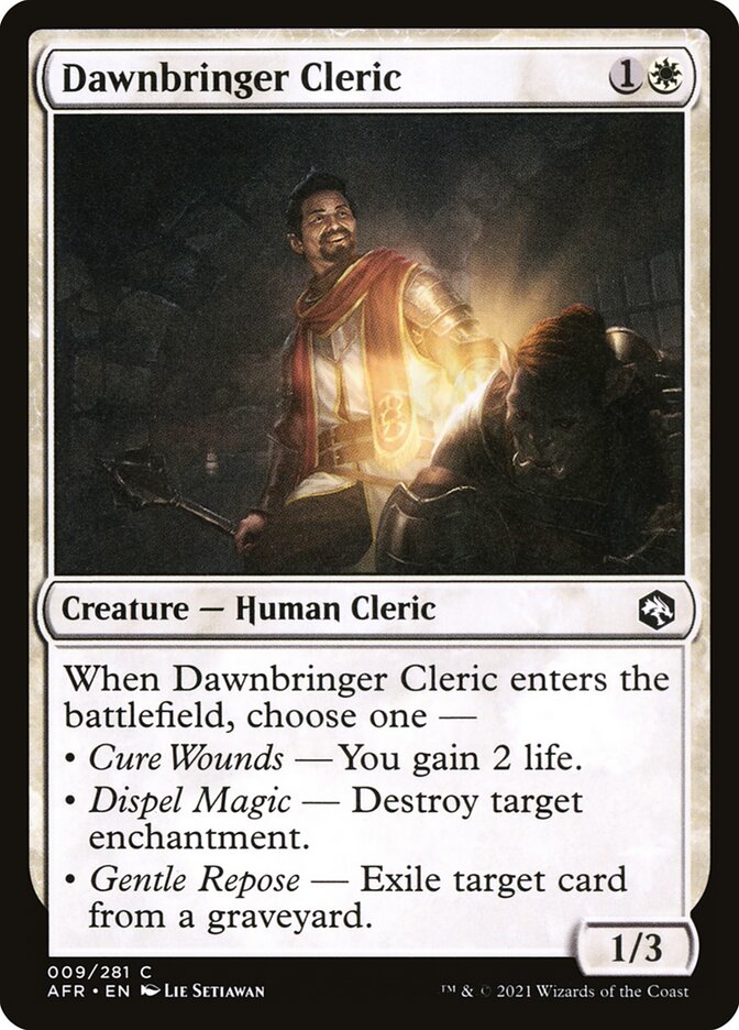 This Is An Image Of The Magic The Gathering Card Dawnbringer Cleric From The Set Commander Legends: Battle for Baldur's Gate - Designed By Artist Lie Setiawan