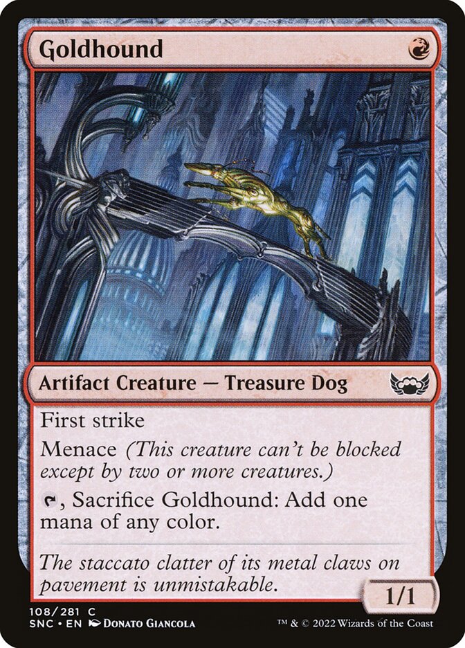 This Is An Image Of The Magic The Gathering Card Goldhound From The Set Streets of New Capenna - Designed By Artist Donato Giancola