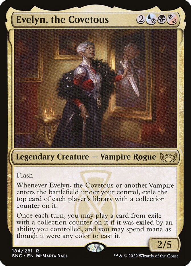 This Is An Image Of The Magic The Gathering Card Evelyn, the Covetous From The Set Streets of New Capenna - Designed By Artist Marta Nael