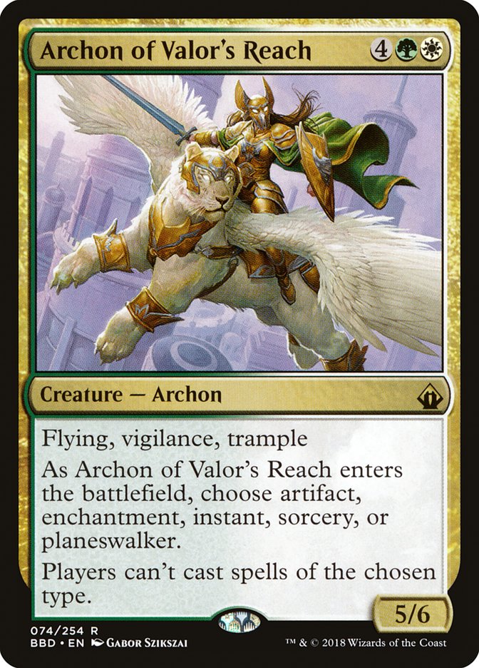 This Is An Image Of The Magic The Gathering Card Archon of Valor's Reach From The Set Commander 2020 - Designed By Artist Gabor Szikszai