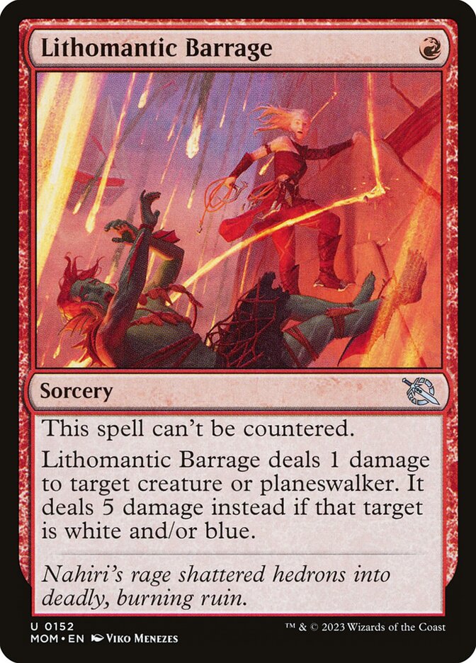 This Is An Image Of The Magic The Gathering Card Lithomantic Barrage From The Set March of the Machine - Designed By Artist Viko Menezes