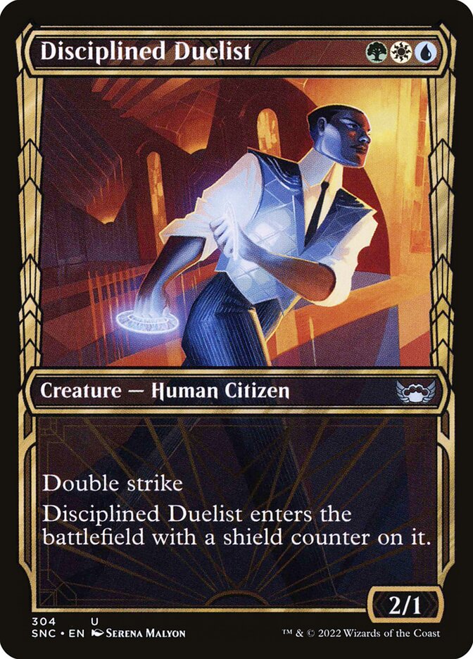 This Is An Image Of The Magic The Gathering Card Disciplined Duelist From The Set Streets of New Capenna - Designed By Artist Josu Hernaiz