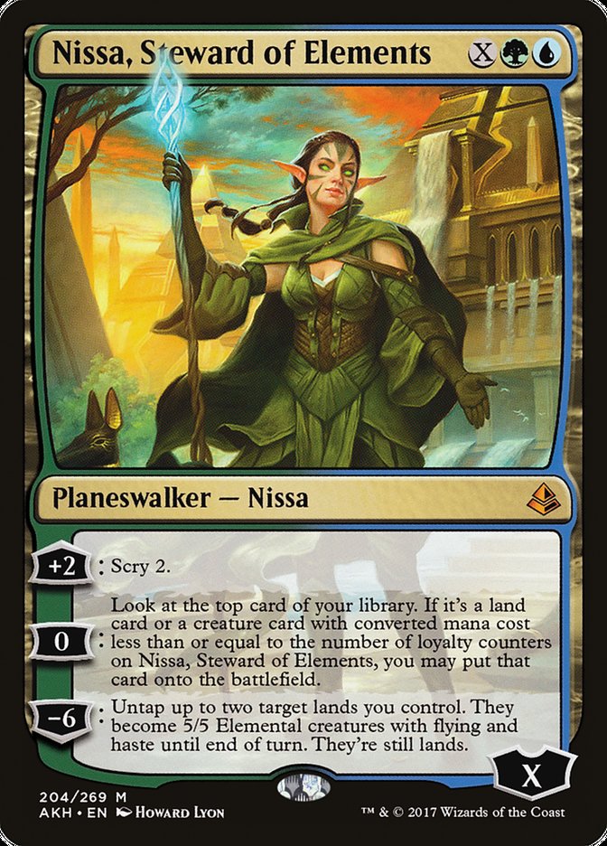 This Is An Image Of The Magic The Gathering Card Nissa, Steward of Elements From The Set Commander 2020 - Designed By Artist Howard Lyon