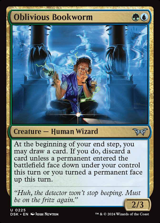 This Is An Image Of The Magic The Gathering Card Oblivious Bookworm From The Set Duskmourn: House of Horror - Designed By Artist Josh Newton