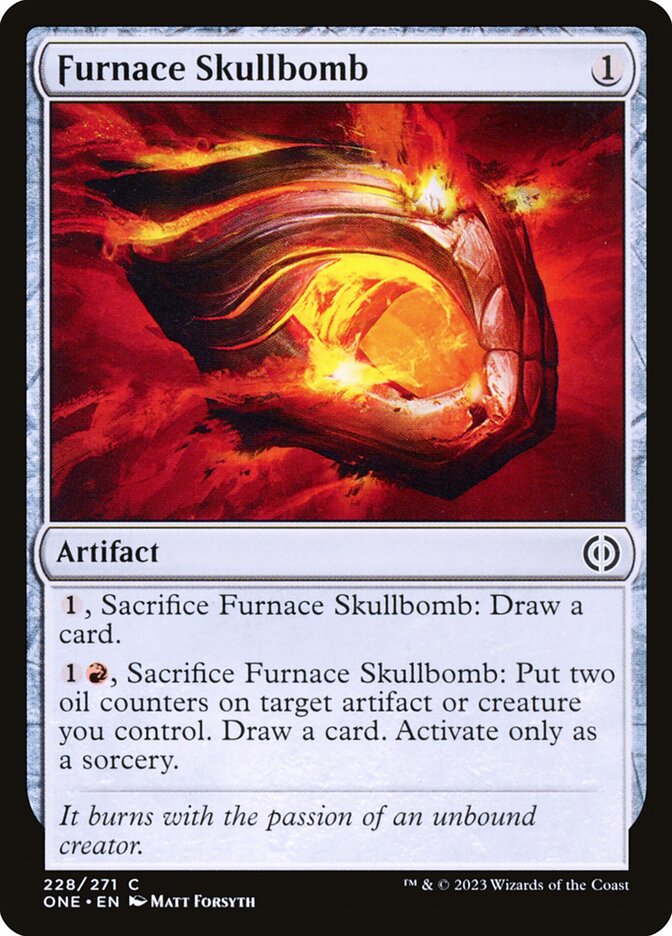 This Is An Image Of The Magic The Gathering Card Furnace Skullbomb From The Set Phyrexia: All Will Be One - Designed By Artist Matt Forsyth