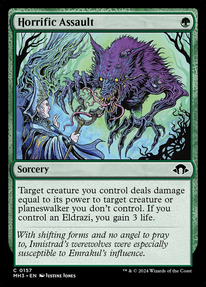 This Is An Image Of The Magic The Gathering Card Horrific Assault From The Set Modern Horizons 3 - Designed By Artist Justine Jones