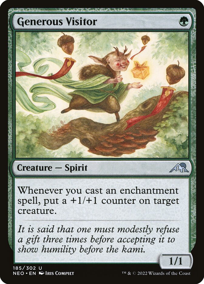 This Is An Image Of The Magic The Gathering Card Generous Visitor From The Set Kamigawa: Neon Dynasty - Designed By Artist Iris Compiet