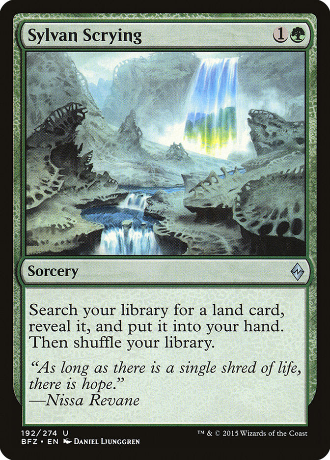 This Is An Image Of The Magic The Gathering Card Sylvan Scrying From The Set Battle for Zendikar - Designed By Artist Daniel Ljunggren