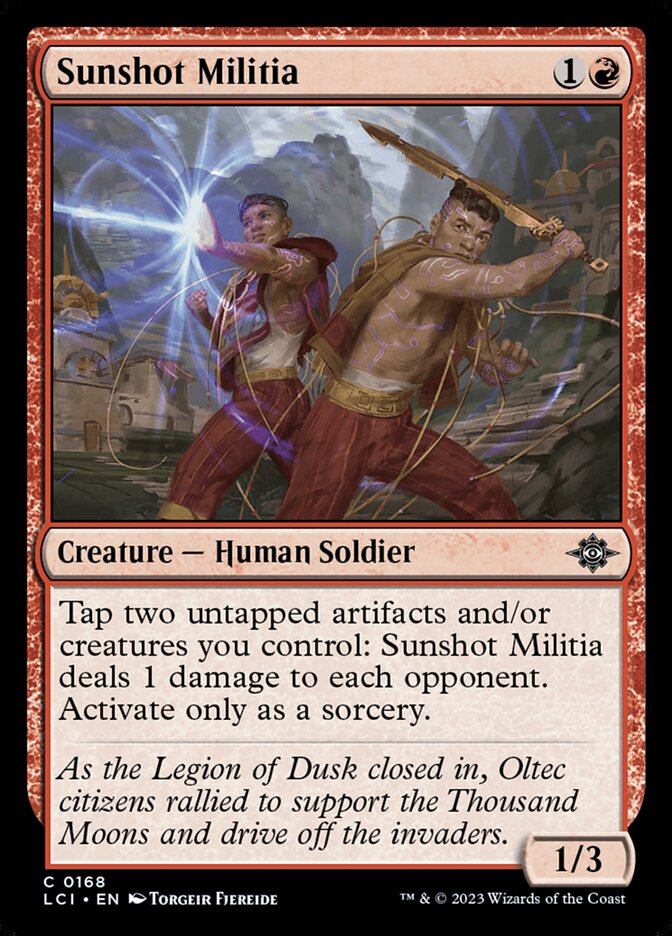 This Is An Image Of The Magic The Gathering Card Sunshot Militia From The Set The Lost Caverns of Ixalan - Designed By Artist Torgeir Fjereide