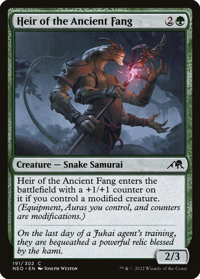 This Is An Image Of The Magic The Gathering Card Heir of the Ancient Fang From The Set Kamigawa: Neon Dynasty - Designed By Artist Joseph Weston