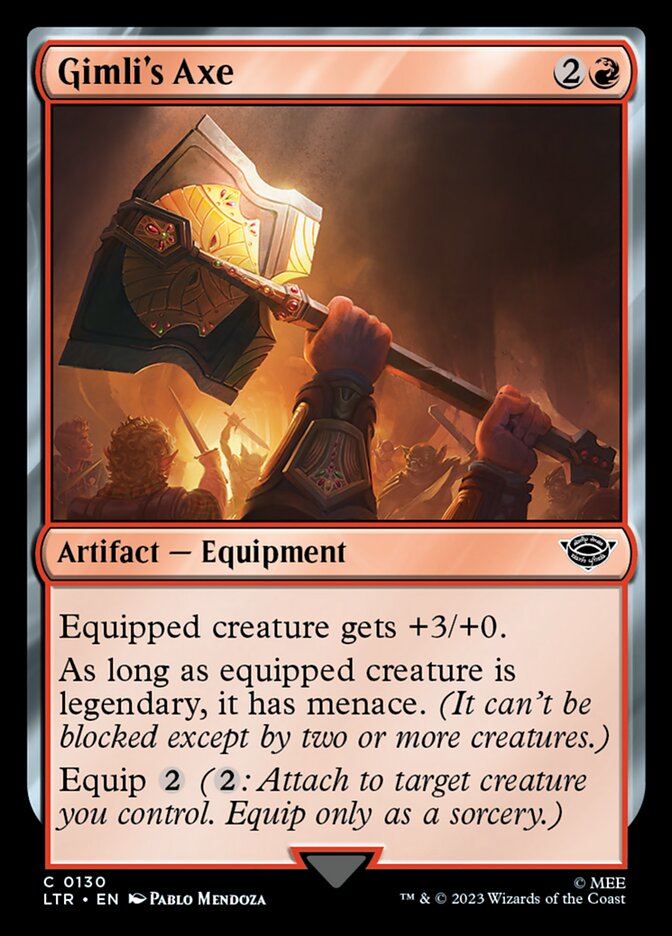 This Is An Image Of The Magic The Gathering Card Gimli's Axe From The Set The Lord of the Rings: Tales of Middle-earth - Designed By Artist Pablo Mendoza