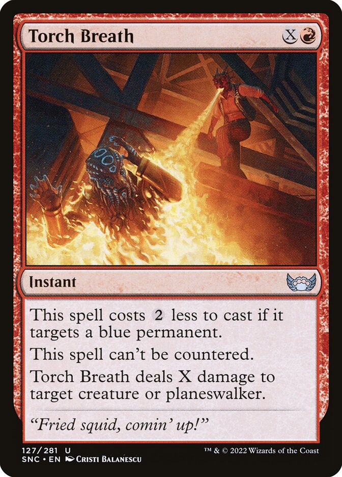 This Is An Image Of The Magic The Gathering Card Torch Breath From The Set Streets of New Capenna - Designed By Artist Cristi Balanescu