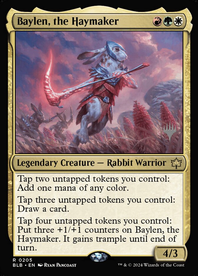 This Is An Image Of The Magic The Gathering Card Baylen, the Haymaker From The Set Bloomburrow - Designed By Artist Ryan Pancoast