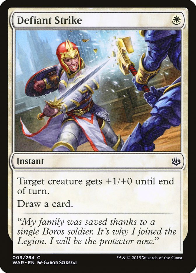 This Is An Image Of The Magic The Gathering Card Defiant Strike From The Set Core Set 2021 - Designed By Artist Gabor Szikszai