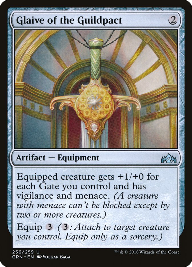 This Is An Image Of The Magic The Gathering Card Glaive of the Guildpact From The Set Guilds of Ravnica - Designed By Artist Volkan Baǵa