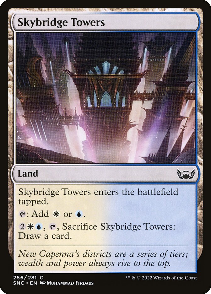 This Is An Image Of The Magic The Gathering Card Skybridge Towers From The Set Streets of New Capenna - Designed By Artist Muhammad Firdaus