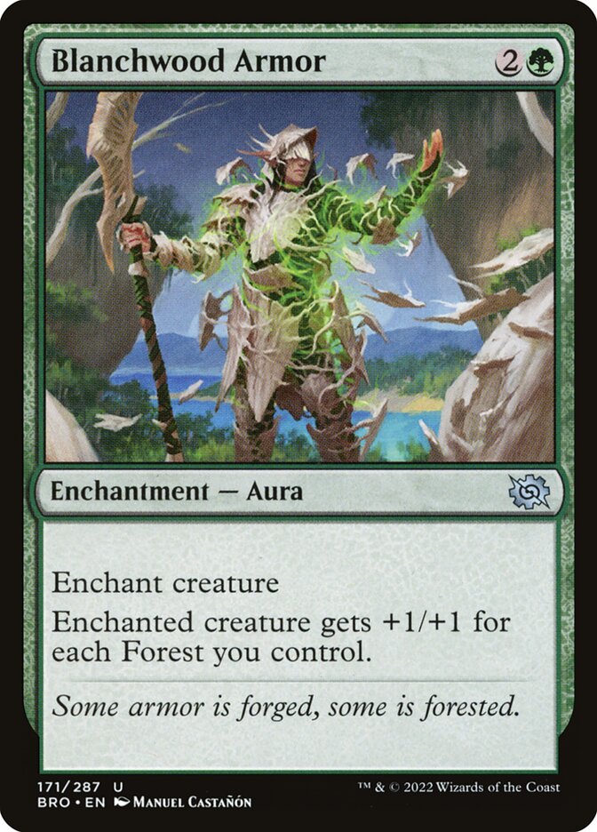 This Is An Image Of The Magic The Gathering Card Blanchwood Armor From The Set Foundations - Designed By Artist Manuel Castañón