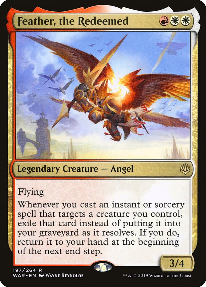 This Is An Image Of The Magic The Gathering Card Feather, the Redeemed From The Set War of the Spark - Designed By Artist Wayne Reynolds